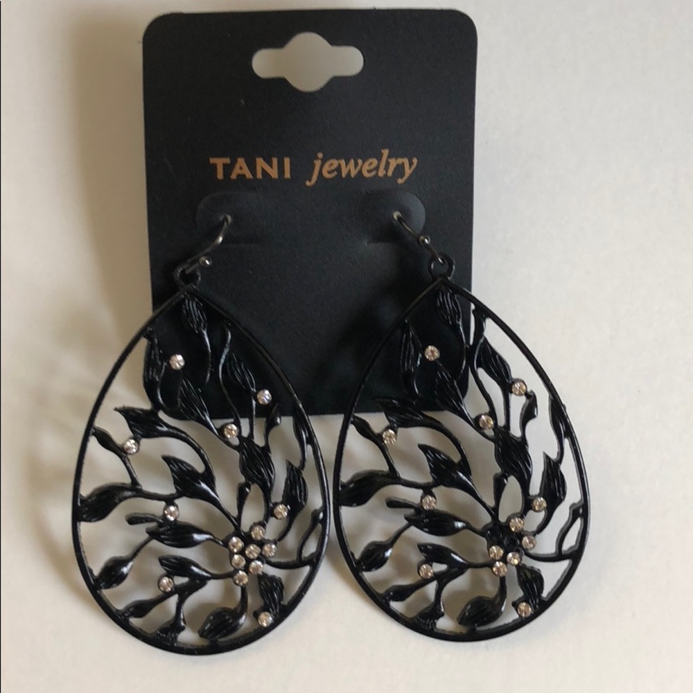 Long black earrings with stones accent